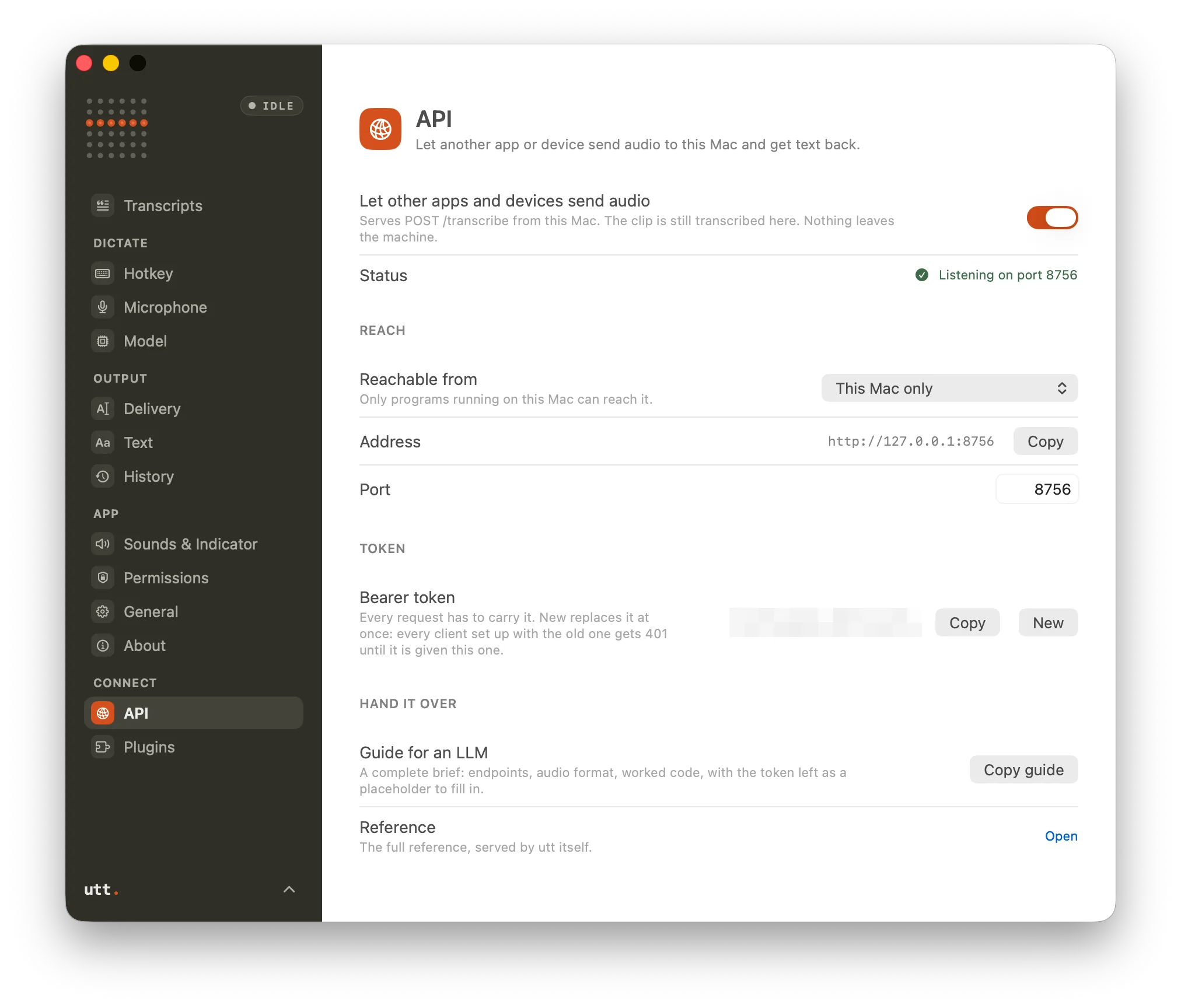 The utt API settings, including network access, port, token, and Copy guide button